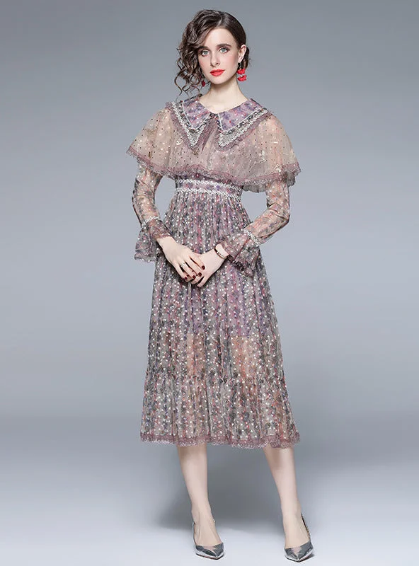 Yarn Floral Pleats Long Sleeve Dress Chic floral dresses