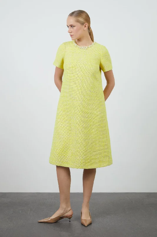 Yellow Tweed Dress with Back Collar Buckle Detail Cotton unclassified dresses