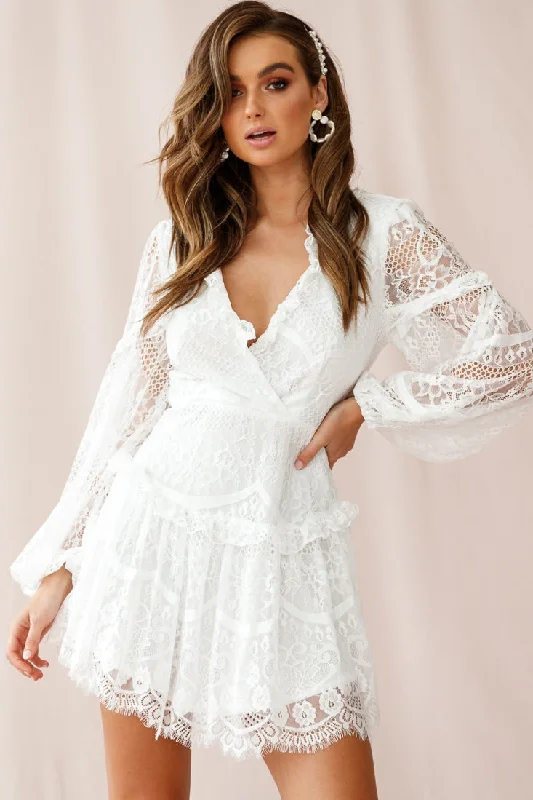 Albany Lace Up Back Frill Dress White Lace Dress Vibe