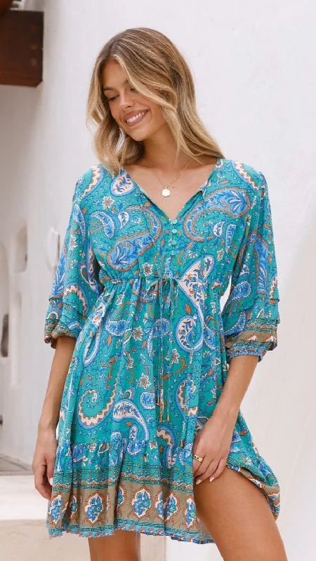 Fields Mini Dress - Green Print Mini Skirt Look