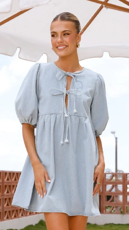 Kassie Tie Up Mini Dress - Light Denim Mini Skirt with Bow