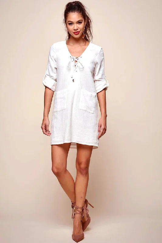 Katie Lace-Up Front Casual Dress White Pink Lace Dress