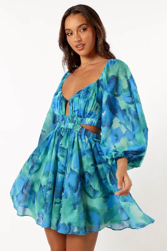 Katniss Long Sleeve Mini Dress - Blue Floral Button-up Mini Skirt