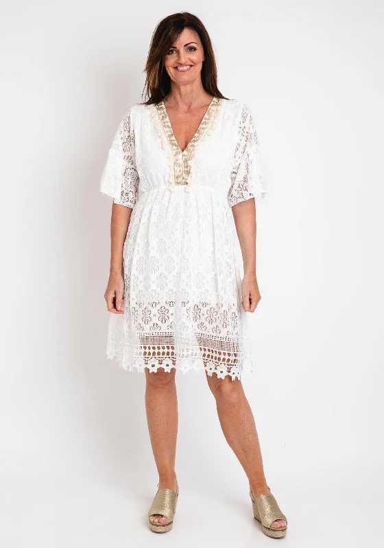 Serafina Collection One Size Laser Cut Lace Dress, White Soft Lace Dress