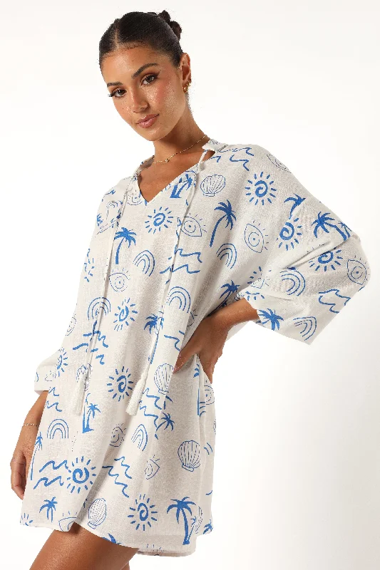 Laila Long Sleeve Linen Mini Dress - White Blue Skirt with Buttons