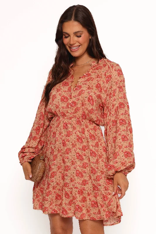 Marti Mini Dress - Tan Floral Faded Denim Skirt