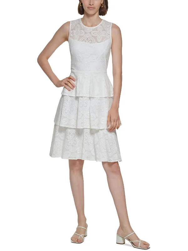 Petites Womens Lace Tiered Fit & Flare Dress Lace Dress Accent