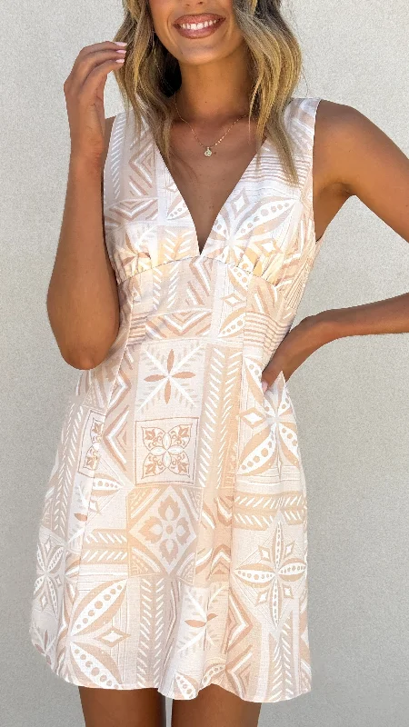 Sienna Mini Dress - Beige Summer Fitted Pleated Skirt