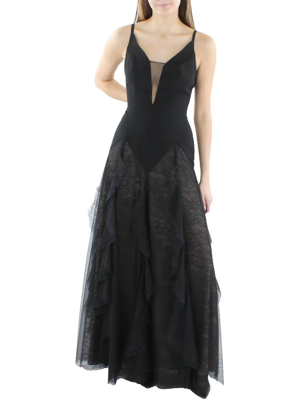 Womens Lace Trim Ruffled Evening Dress Lace Dress Sparkle