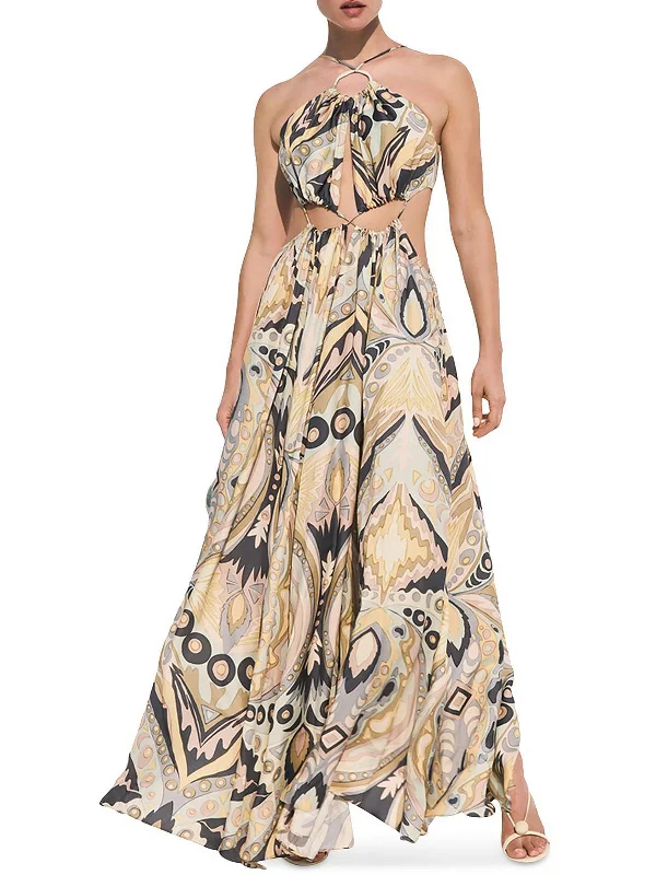 Aphrodite Womens Silk Blend Halter Maxi Dress Skater Maxi Skirt