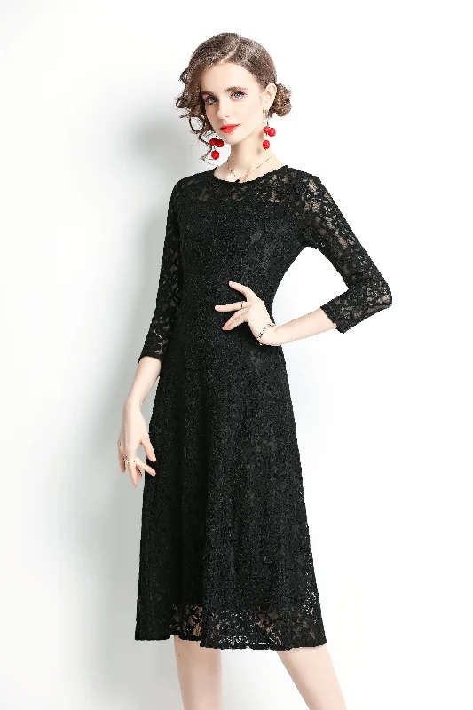 Black Evening Classic A-line Crewneck Bracelet Below Knee Lace Dress Lace Dress Sparkle