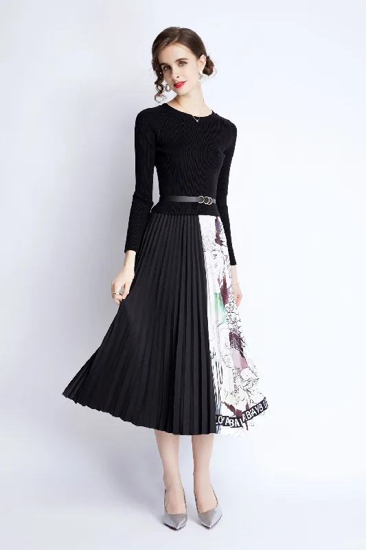 Black & White Cocktail A-line Crewneck Long Sleeve Maxi Pleated Dress Chic Maxi Skirt