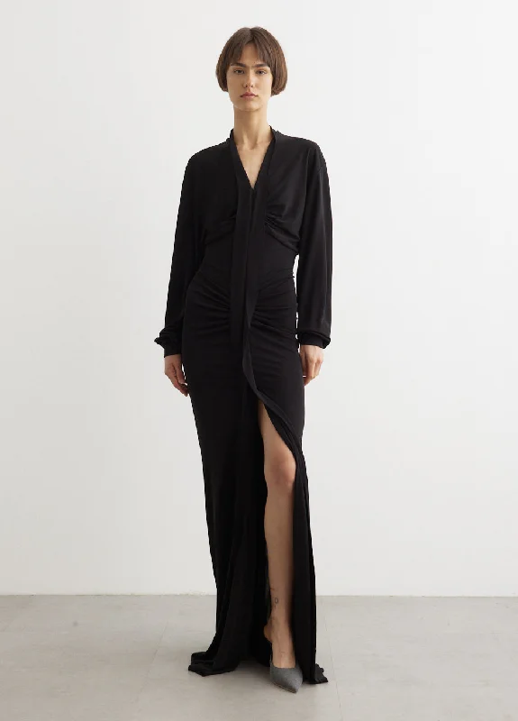 Carved Long Sleeve Split Dress Elegant Maxi Skirt
