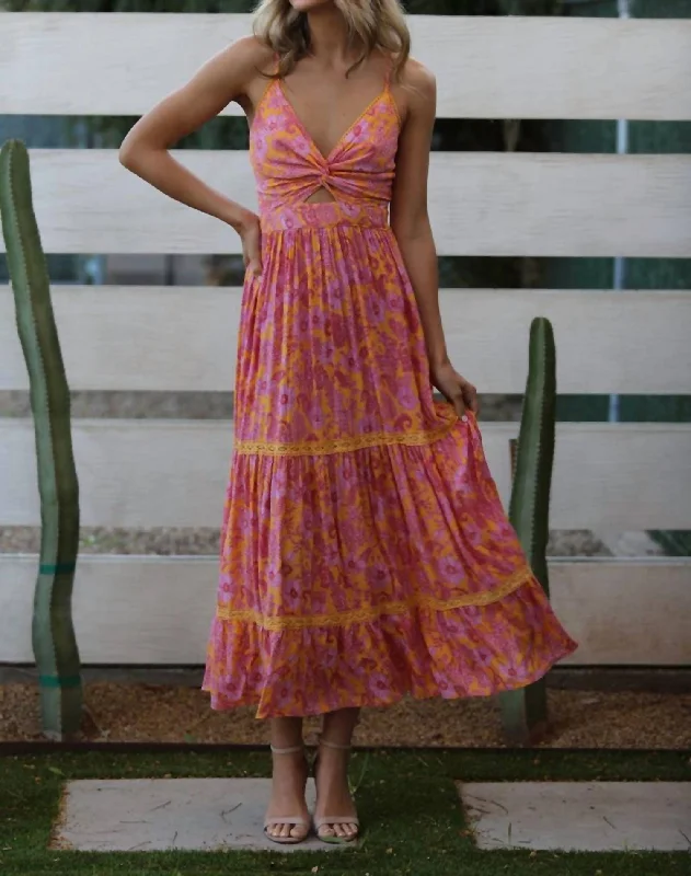 Cut Out Maxi Dress In Orange/pink Soft Pleated Maxi