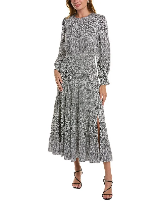 Elie Tahari Smocked Silk-Blend Maxi Dress Elegant Long Skirt