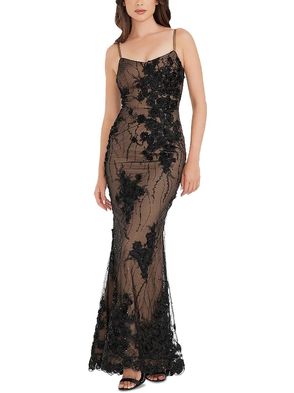 Giovanna Womens Lace Overlay V-Neck Evening Dress Lace Dress Accent