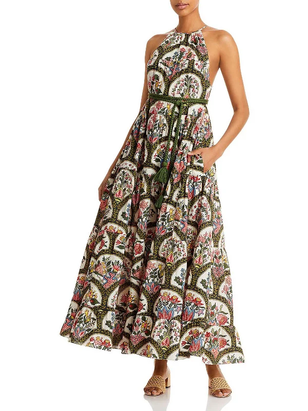 Julia Womens Printed Halter Maxi Dress Silk Maxi Skirt