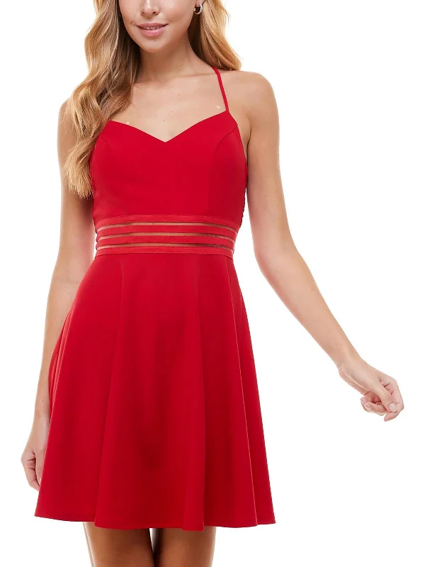 Juniors Womens Lace Back Polyester Fit & Flare Dress Lace Dress with Belt