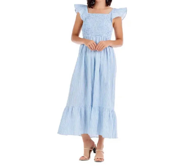 Keya Smocked Maxi Dress In Blue Elegant Long Skirt