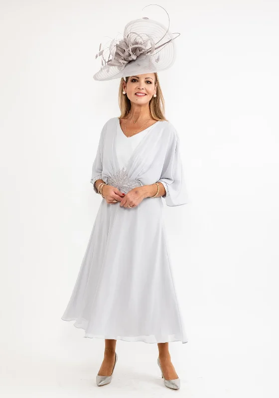 Lizabella Chiffon Lace Waist Dress, Silver Lace Dress Fit