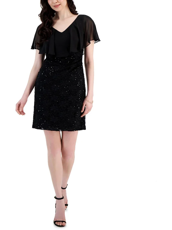 Petites Womens Chiffon Overlay Lace Sheath Dress Full Lace Dress
