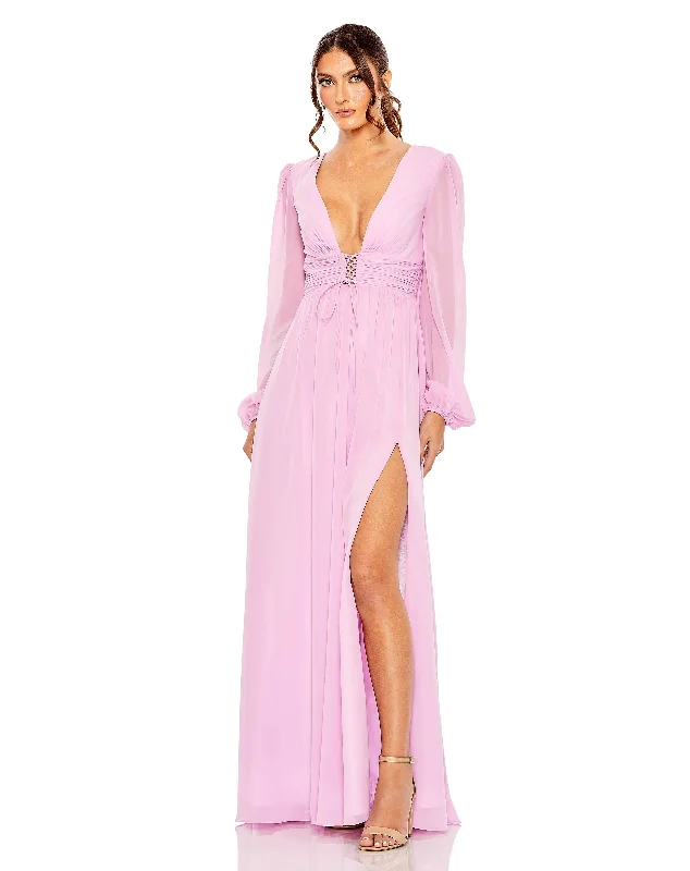 Plunge Neck Lace Up Evening Gown Sleeveless Lace Dress