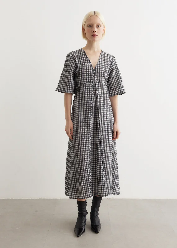 Seersucker Check V-Neck Long Dress Satin Maxi Skirt