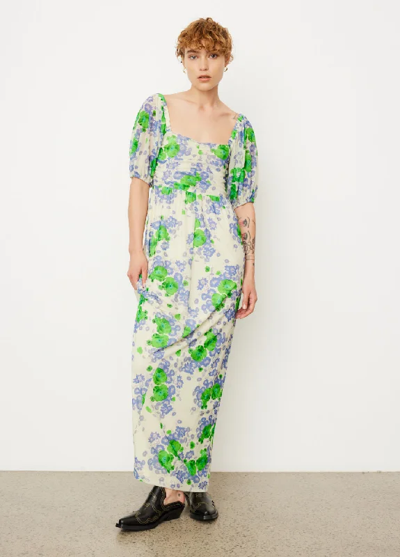 Printed Mesh Puff Sleeves Long Dress Maxi Skirt Classic