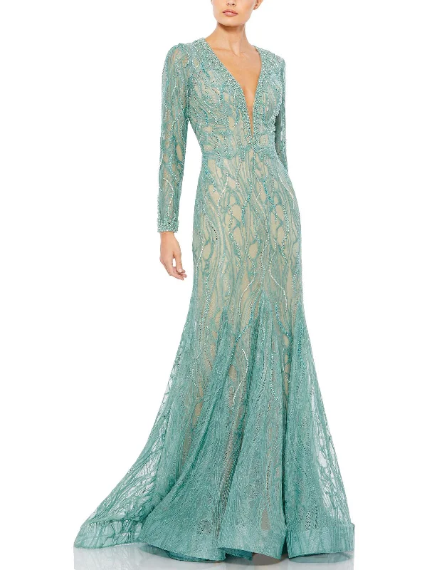 Womens Lace Embellished Evening Dress Simple Lace Gown