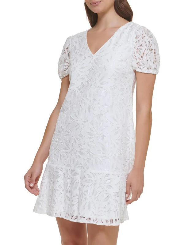 Womens Lace Puff Sleeves Shift Dress Long Sleeve Lace Dress