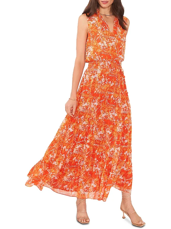 Womens Tie Neck Long Maxi Dress Long Floral Skirt