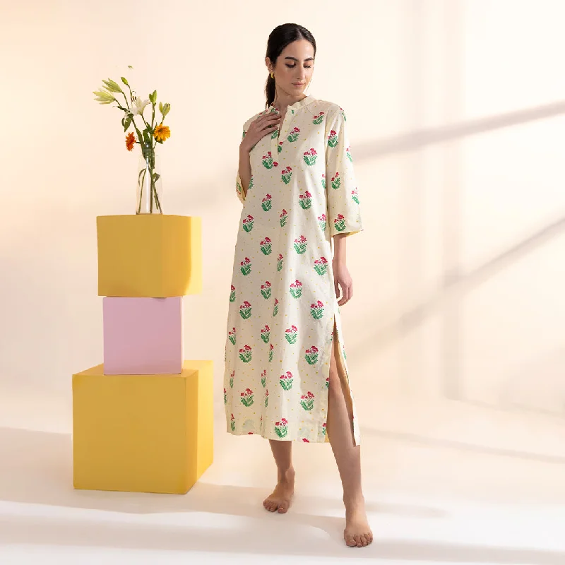 Bougainvillea Cotton Midi Kaftan Dress Ribbed Midi Skirt