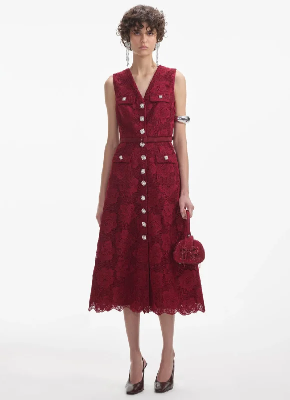 Burgundy Lace Button Midi Dress Satin Midi Skirt