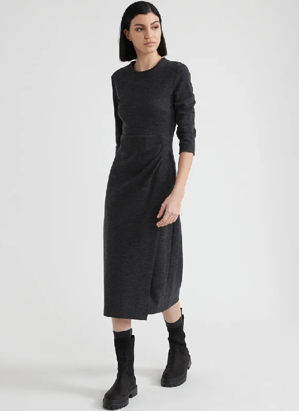 Cotton and Wool-Blend Three-Quarter Sleeve Midi Dress Pleated Midi Skirt