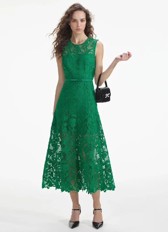 Green Lace Sleeveless Midi Dress Soft Denim Midi