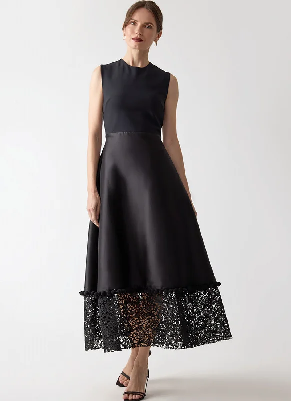 Liatris Lace Trim Midi Dress Elegant Satin Skirt