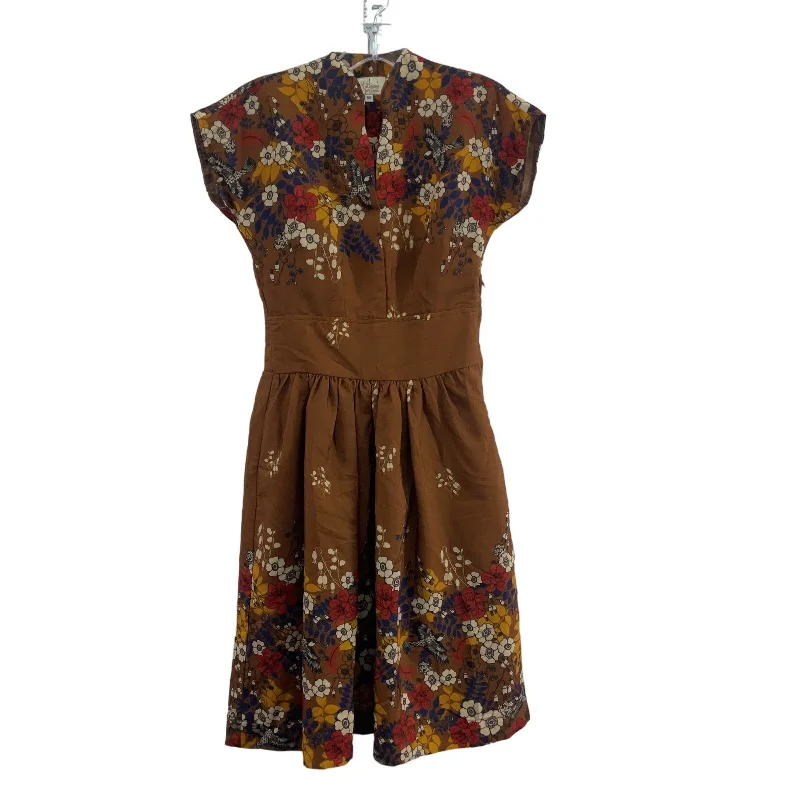 Myrtlewood Brown Midi A-Line Women's Dress XS - Multicolor Floral Print Accents Elegant Midi Dress Myrtlewood Brown Midi A-Line Women's Dress XS - Multicolor Floral Print Accents Elegant Midi Dress