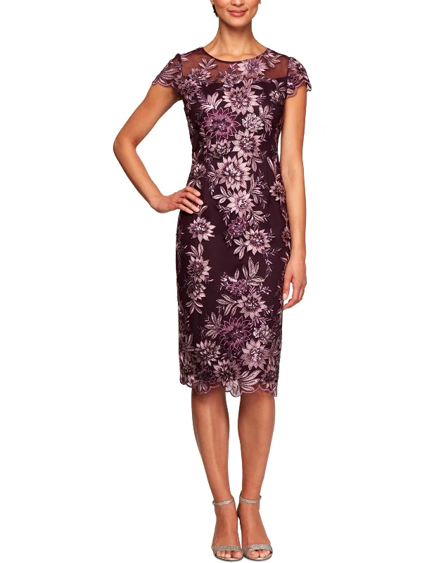 Petites Womens Lace Sequined Midi Dress Polka Dot Midi