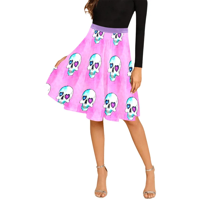 Pink Skull Head Pleated Midi Skirt Soft Pleated Midi