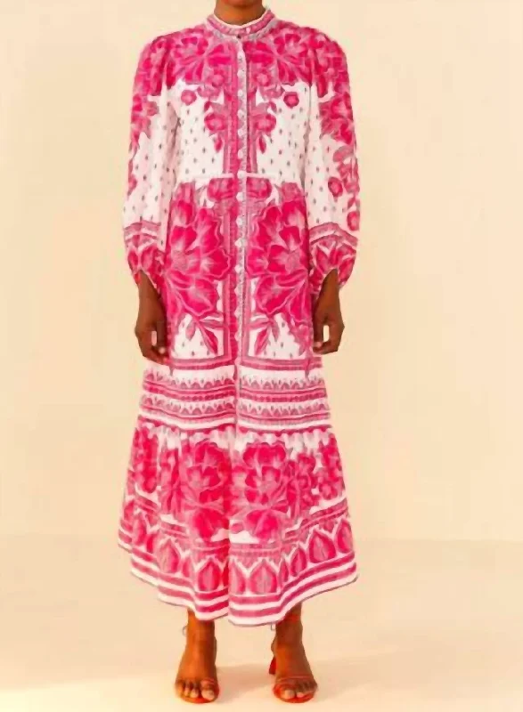 Pink Tropical Woodcut Midi Dress In Pink/white Midi Skirt Casual