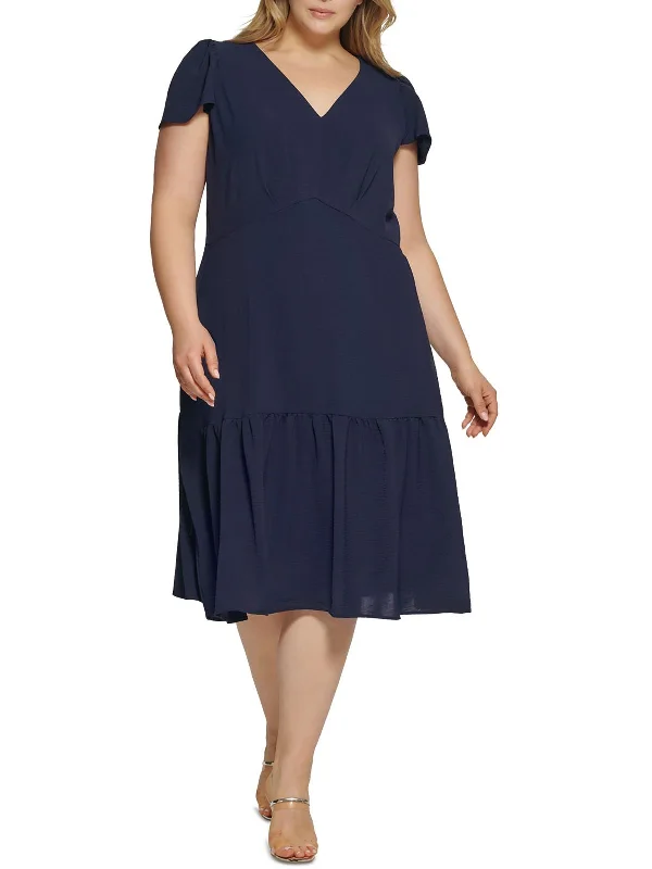 Plus Womens Drop-waist V-neck Midi Dress Slim Midi Skirt