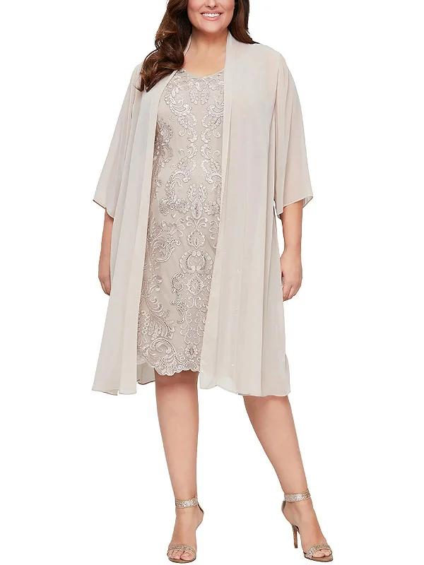 Plus Womens Embroidered Midi Cocktail and Party Dress Midi Skirt Party