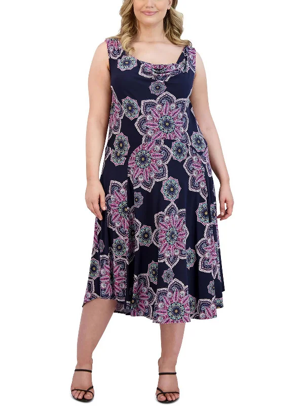 Plus Womens Printed Cowlneck Midi Dress Midi Skirt Fashion