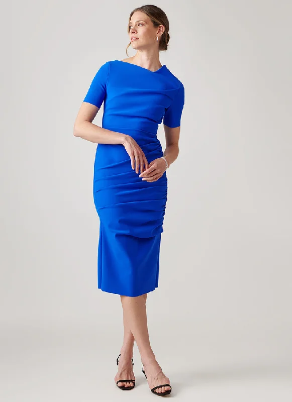 Rious Ruched Short Sleeve Midi Dress Pleated A-line Skirt