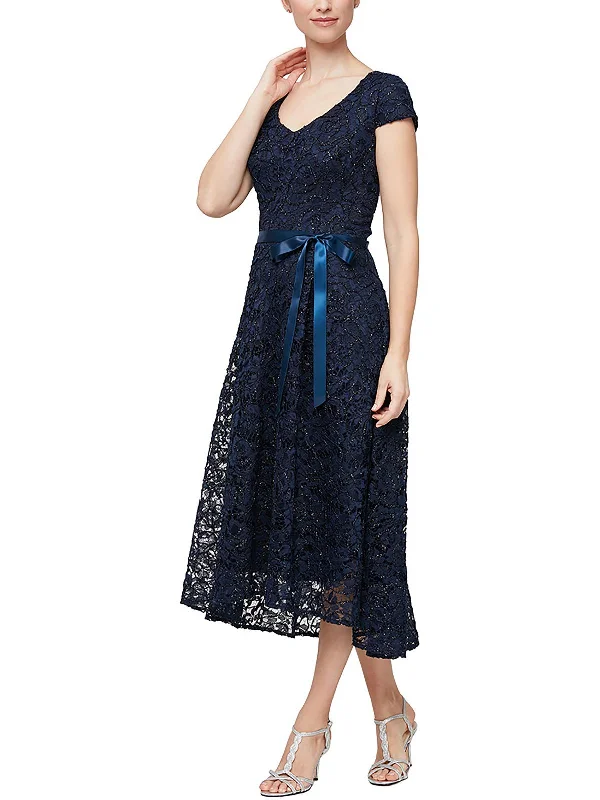 Womens Metallic Midi Cocktail and Party Dress Elegant Satin Skirt