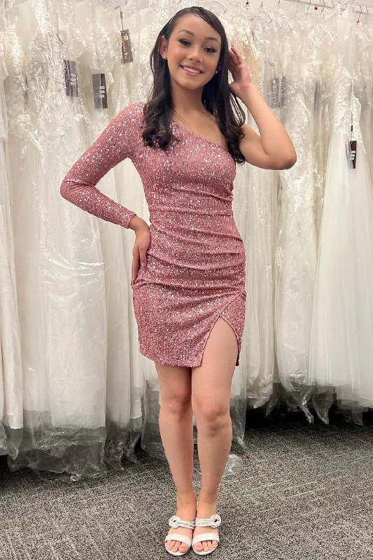 Dusty Rose One-Shoulder Sequins Short Homecoming Dress Ruched Sequin Dress