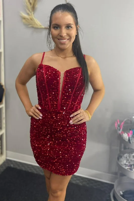 Fitted Red Sequins Short Homecoming Dress with Straps Flared Sequin Dress