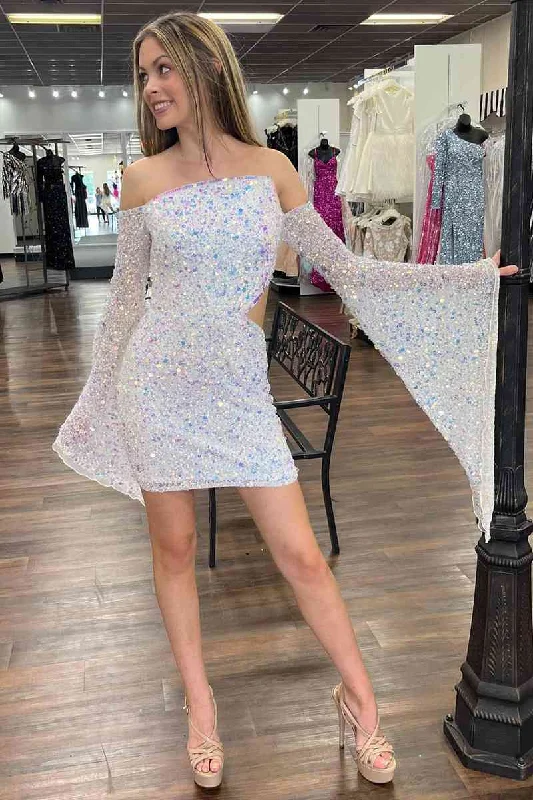 Fitted Sequins White Long Sleeves Short Homecoming Dress Bright Sequin Dress