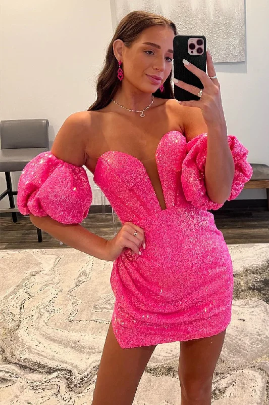 Hot Pink Strapless Sequins Homecoming Dress with Detachable Sleeves Sequin Dress Sleeveless