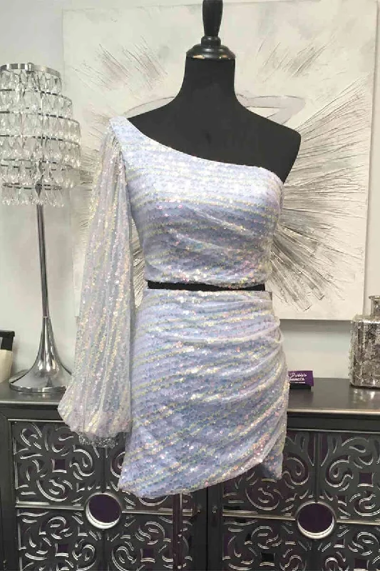 Long Sleeve White Sequined Two Piece Homecoming Dress Colorful Sequin Dress